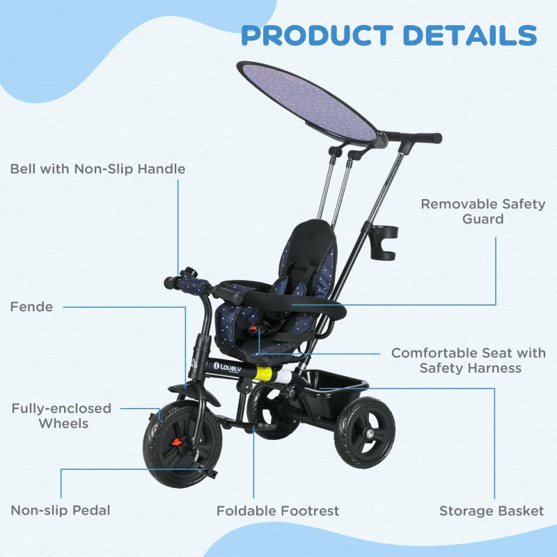 Qaba 6 in 1 Kids Tricycle with Removable Handlebar and Canopy, Navy Blue