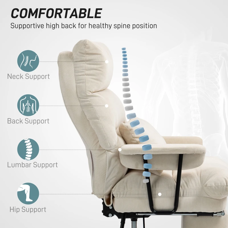 HOMCOM Executive Office Chair with Lumbar Support, Footrest, High Back Reclining Overstuffed Desk Chair with, Cream White