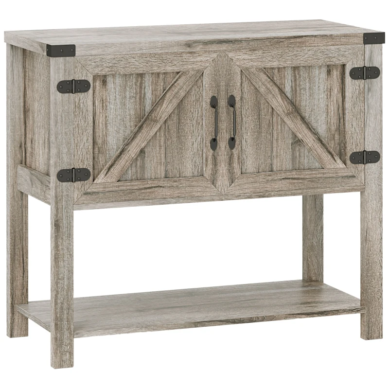 HOMCOM Farmhouse Double Door Coffee Bar Cabinet, Kitchen Cabinet with Bottom Shelf for Entryway, Living Room, Washed-out Gray