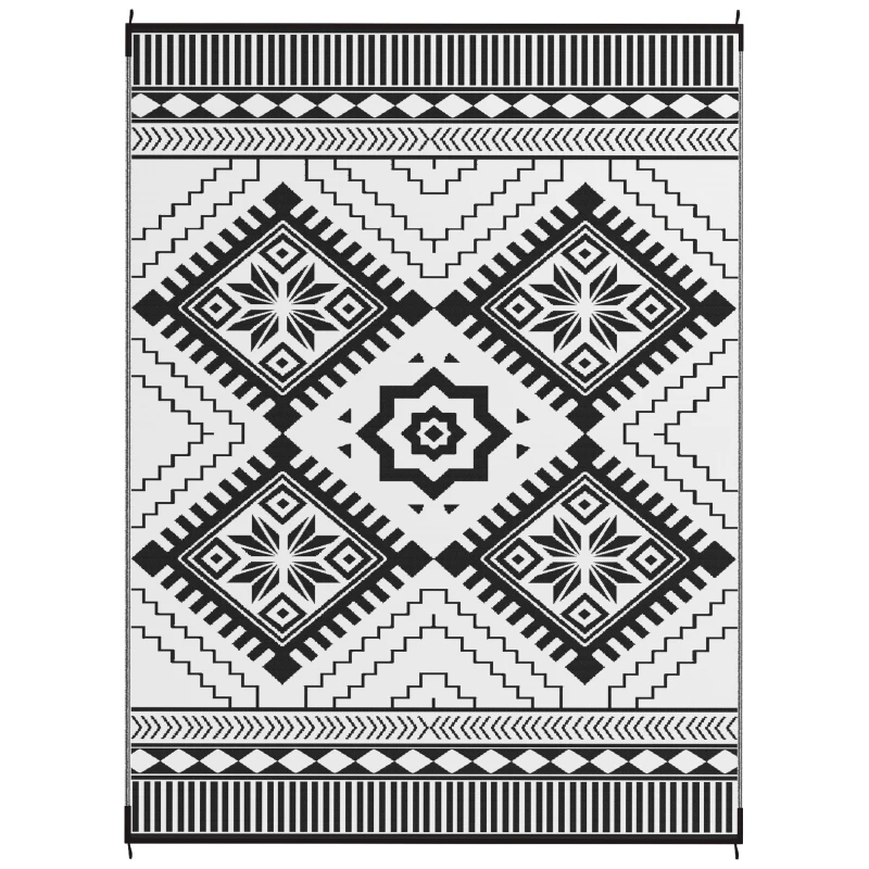 Outsunny Reversible Outdoor Rug, Waterproof Plastic Straw with Carry Bag, 9' x 12', White & Black Toothed Rhombus
