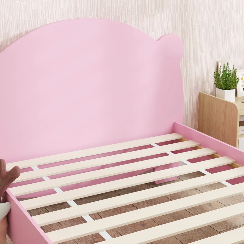 Qaba Twin Bed Frame with Bear Shaped Headboard & Footboard, Slats Support, No Box Spring Needed, for Boys, Girls, Pink