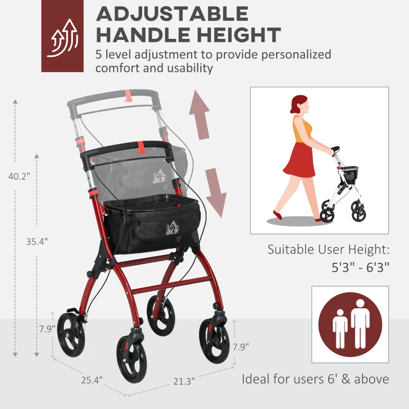 HOMCOM Upright Walker Rollator, Rolling Walker with Storage Bag, Tray, Dual Brakes, Adjustable Height, for Seniors, Red