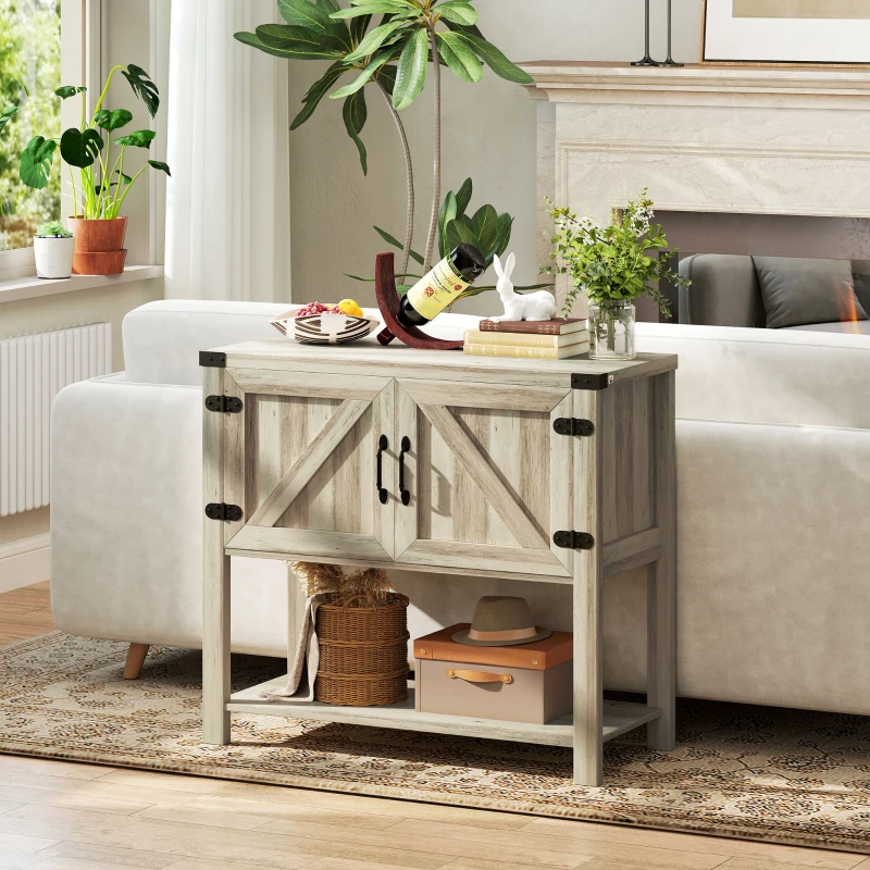 HOMCOM Farmhouse Double Door Coffee Bar Cabinet, Kitchen Cabinet with Bottom Shelf for Entryway, Living Room, Washed-out Gray