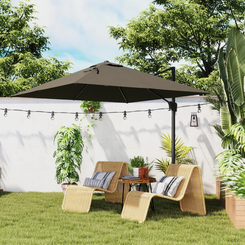Outsunny 8'x8' Square Patio Hanging Offset Umbrella, Outdoor Cantilever Parasol w/ Cross Base, Tan
