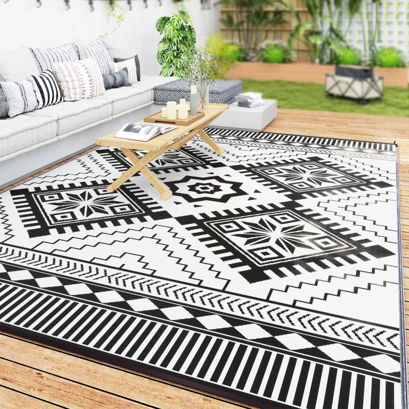 Outsunny 9' x 12' Outdoor RV Rug, Reversible Patio Floor Mat with Carry Bag, Toothed Rhombus, White and Black