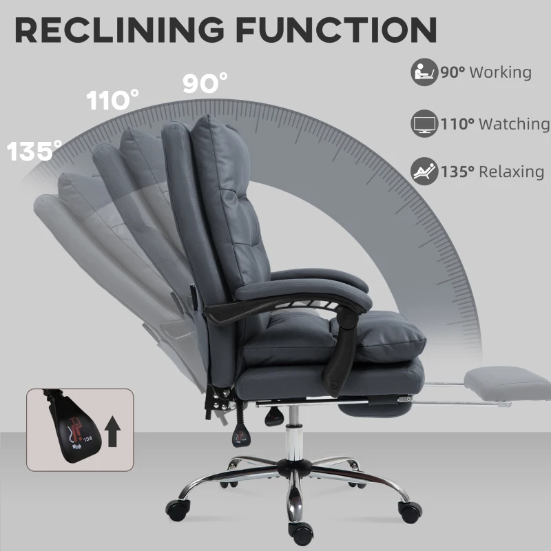 Vinsetto Microfibre Massage Office Chair, Heated Reclining Chair with Footrest, Double-tier Padding, Swivel Wheels, Dark Gray