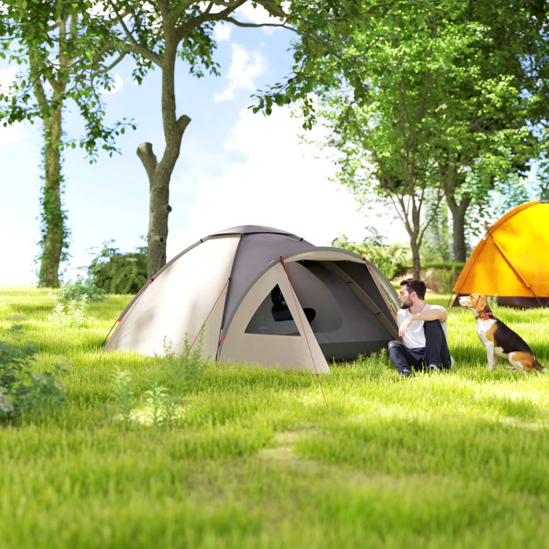 Outsunny 3 Person Camping Tent, Waterproof Family Dome Tent with Bedroom, Porch, Sewn-in Groundsheet and Hook, Khaki
