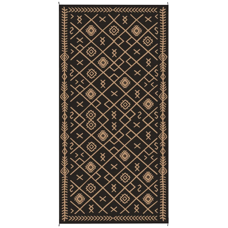Outsunny Reversible Outdoor Rug, Waterproof Plastic Straw with Carry Bag, 9' x 18', Black & Brown Rhombus
