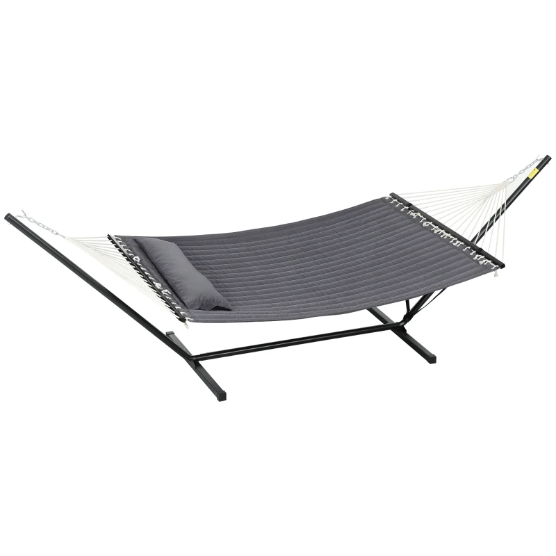 Outsunny 2 Person Hammock Quilted Double Hammock with Stand Pillow Spreader Bars for Outdoor Camping Beach, Dark Grey