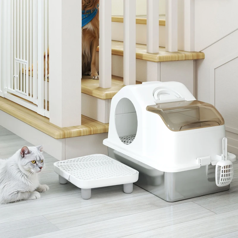 PawHut Extra Large Stainless Steel Cat Litter Box w/ High Sided, Removable Lid, Mats, Scoop, Odor Free, Non-Sticky, Leakproof