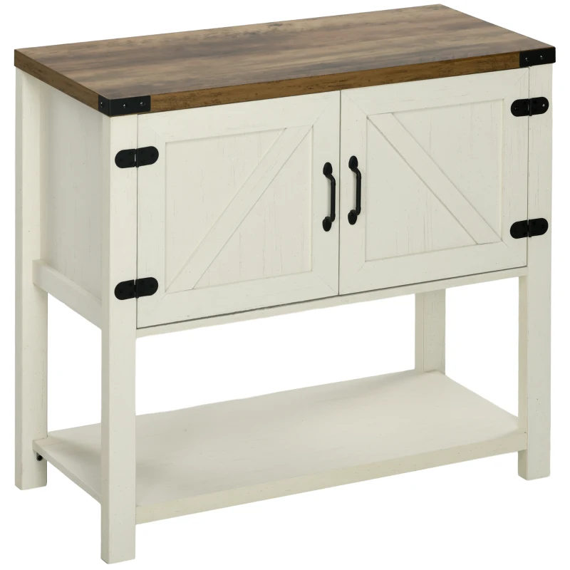 HOMCOM Farmhouse Kitchen Storage Cabinet, Free Standing Sideboard Console Table with Barn Doors, Bottom Shelf, White
