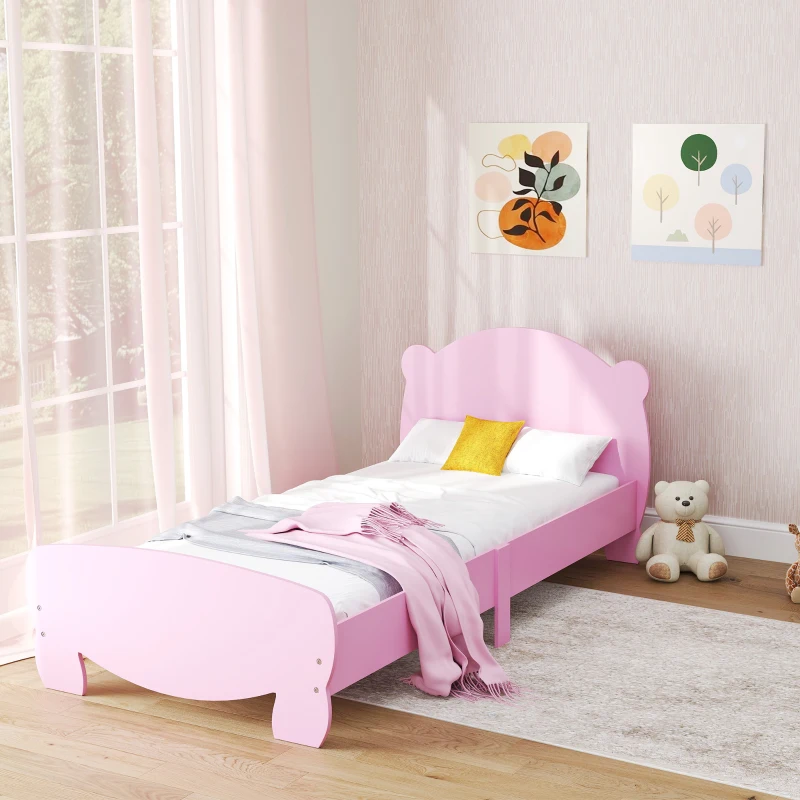 Qaba Twin Bed Frame with Bear Shaped Headboard & Footboard, Slats Support, No Box Spring Needed, for Boys, Girls, Pink