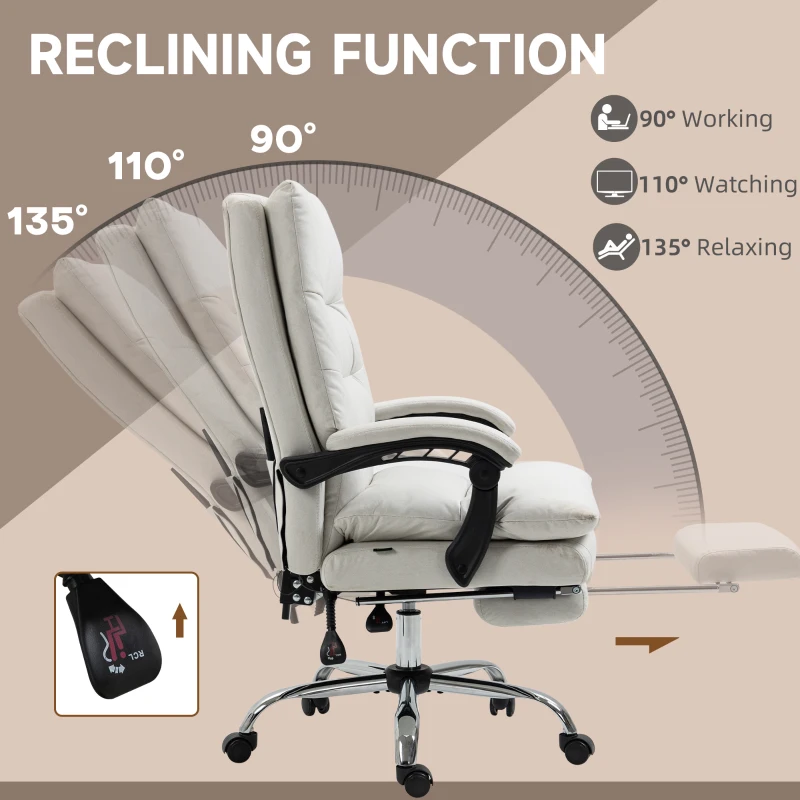 Vinsetto Microfibre Executive Massage Office Chair,  Computer Desk Chair, Heated Reclining Chair with Footrest, Double-tier Padding, Swivel Wheels, Cream White
