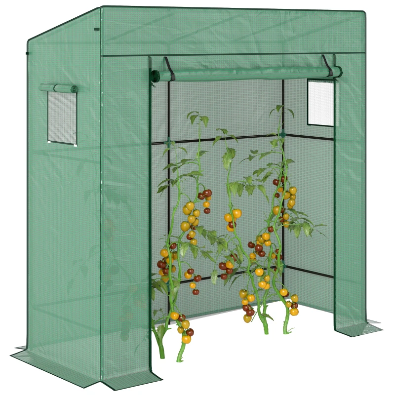 Outsunny Walk-in Tomato Greenhouse Lean-to Green House with Reinforced PE Cover, Roll-up Door, Mesh Windows, Green