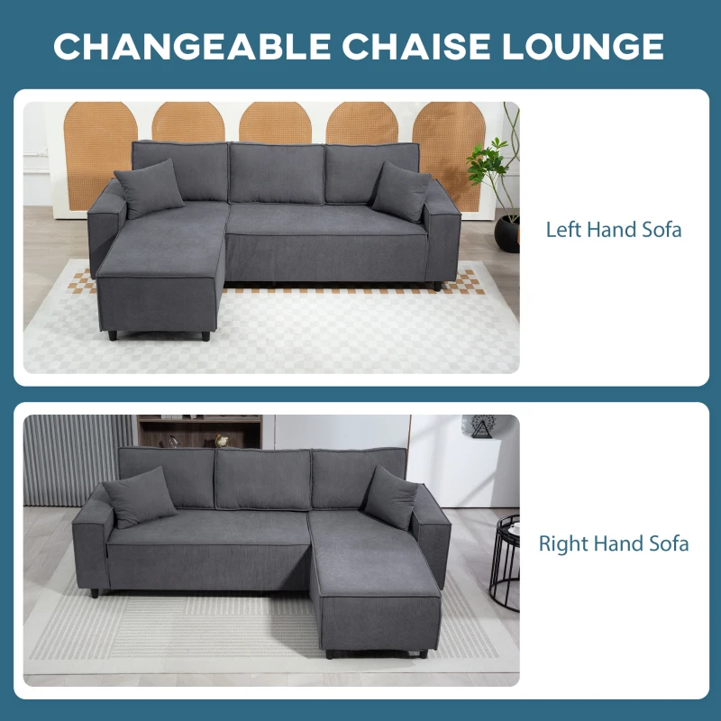 HOMCOM Corner Sofa with Changeable Chaise, Corduroy L-Shaped Sectional Sofa with Pocket Spring, 2 Pillows, Charcoal Grey