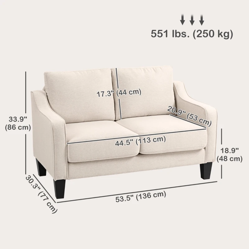 HOMCOM Loveseat Sofa, Modern Couch with Pocket Spring, Linen Upholstered, Thick Padded, Beige