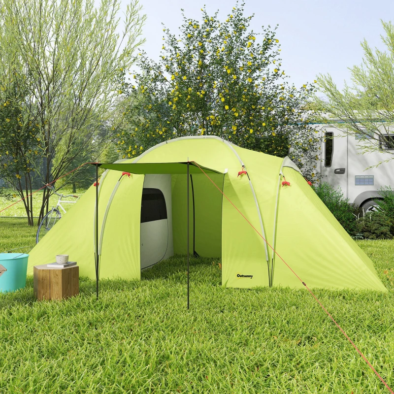 Outsunny 4-6 Person Camping Tent, 2000mm Waterproof Tunnel Tent with 2 Bedrooms, Living Area, Vestibule, Lamp Hook and 4 Doors