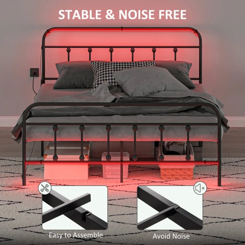 HOMCOM Queen Bed Frame with LED Lights and Charging Station, Metal Platform Bed Frame with Under Bed Storage, Black