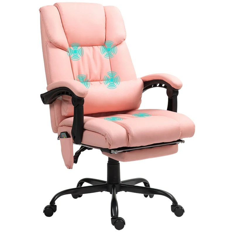 Vinsetto 6-Point Vibration Massage Chair, Height Adjustable Reclining Computer Chair with Retractable Footrest, Pink