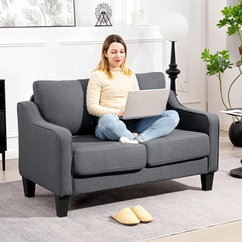 HOMCOM Loveseat Sofa, Modern Couch with Pocket Spring, Linen Upholstered, Thick Padded, Charcoal Grey