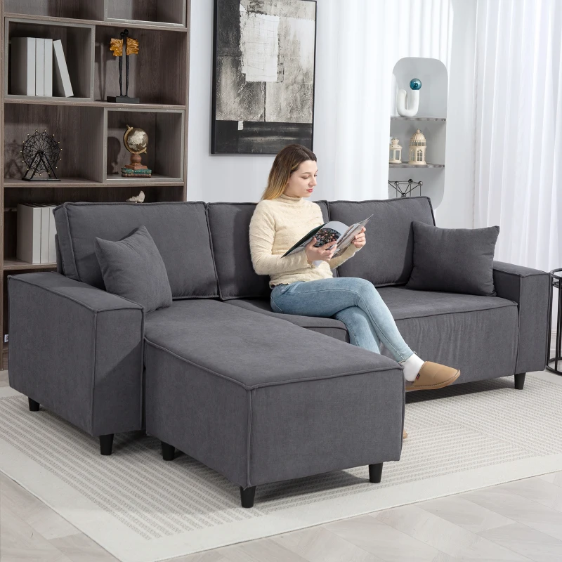 HOMCOM Corner Sofa with Changeable Chaise, Corduroy L-Shaped Sectional Sofa with Pocket Spring, 2 Pillows, Charcoal Grey