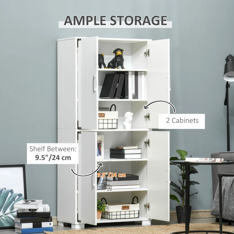 HOMCOM Industrial Kitchen Pantry Cabinet with 4 Doors and Storage Shelves, Freestanding Storage Cabinet, White