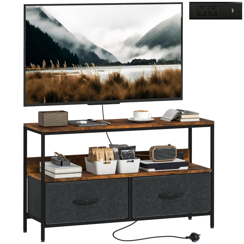 HOMCOM TV Stand with Charging Station, TV Table with 2 Foldable Linen Drawers and Open Shelf for 47 Inch TV, Rustic Brown
