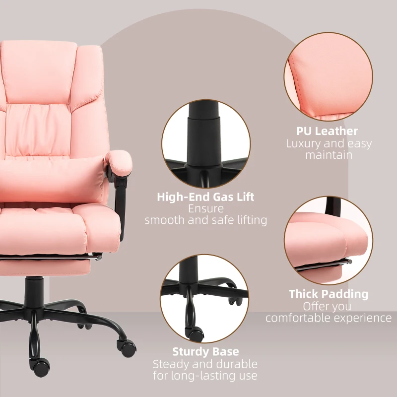 Vinsetto 6-Point Vibration Massage Chair, Height Adjustable Reclining Computer Chair with Retractable Footrest, Pink