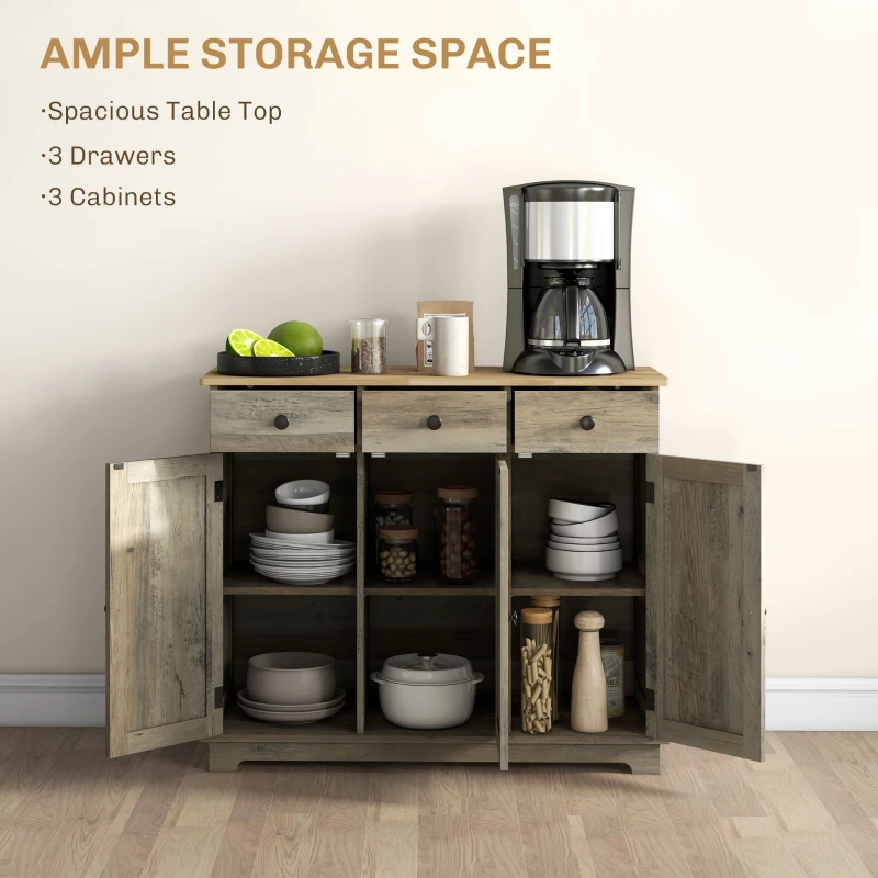 HOMCOM Kitchen Storage Cabinet, Sideboard Floor Cupboard with Solid Wood Top, Adjustable Shelf, and 3 Drawers, Distressed Gray