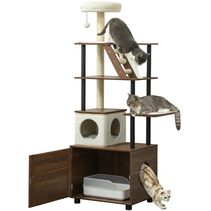 PawHut 68.5" Cat Tree with Litter Box Enclosure, 2 in 1 Cat Tower Hidden Litter Box Furniture with Scratching Posts, Brown