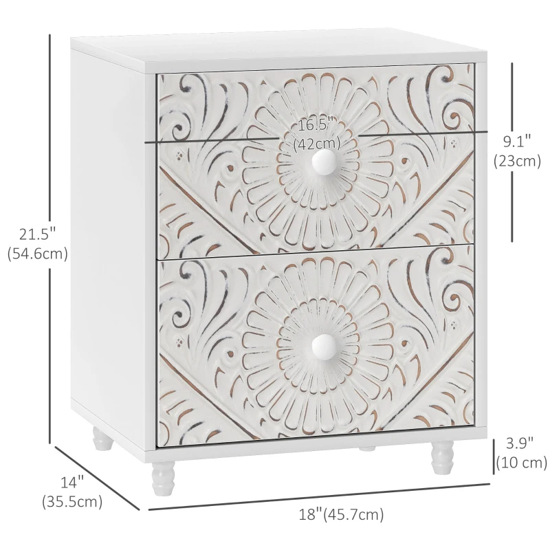 HOMCOM Mid-Century Bedside Table, Nightstand with 2 Drawers, Side End Table for Bedroom, White