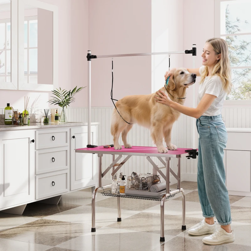 PawHut Adjustable Dog Grooming Table with 2 Safety Slings, Storage Basket, Pink