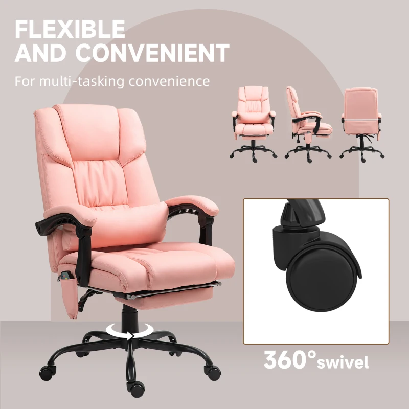 Vinsetto 6-Point Vibration Massage Chair, Height Adjustable Reclining Computer Chair with Retractable Footrest, Pink