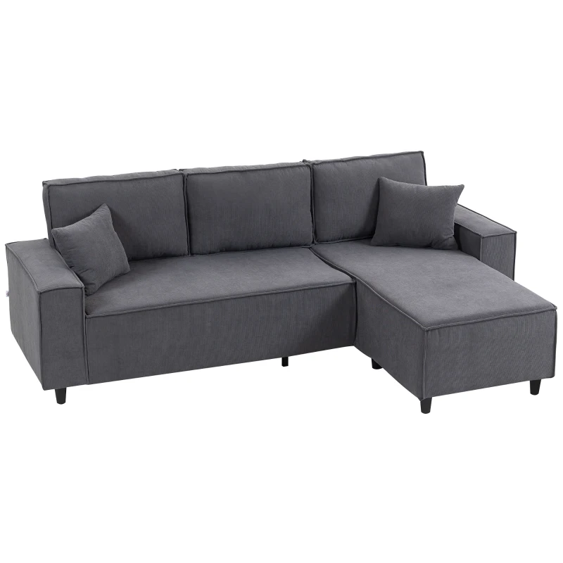 HOMCOM Corner Sofa with Changeable Chaise, Corduroy L-Shaped Sectional Sofa with Pocket Spring, 2 Pillows, Charcoal Grey
