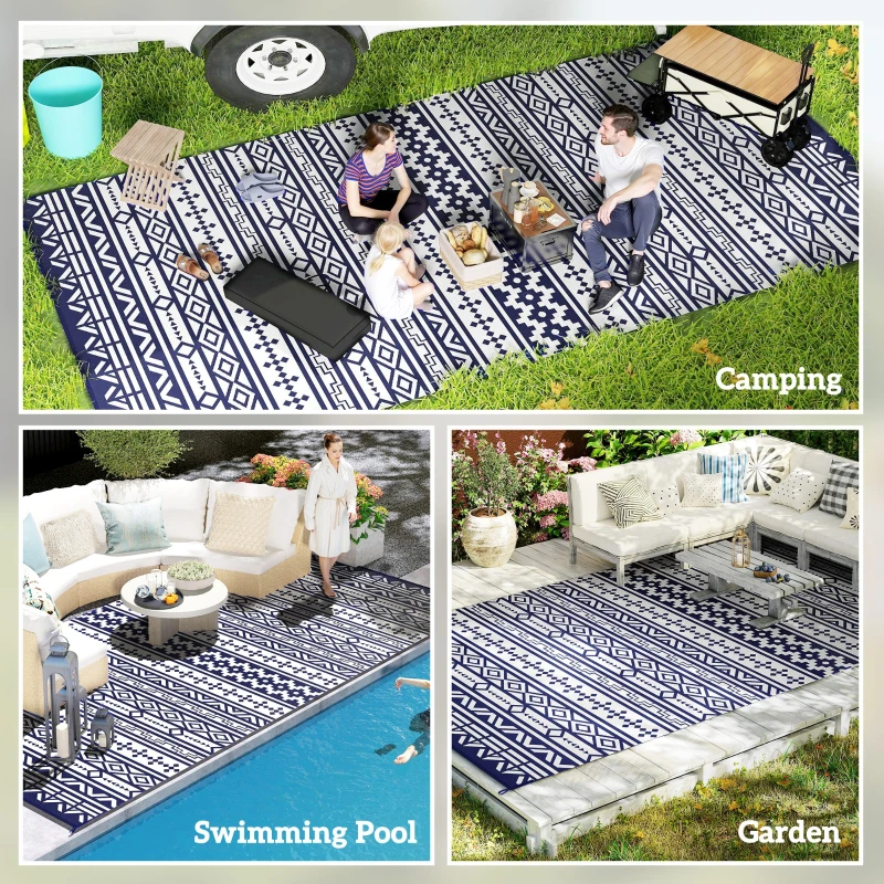 Outsunny 9' x 18' Outdoor RV Rug, Reversible Patio Floor Mat with Carry Bag, Geometric Wall, Blue and White