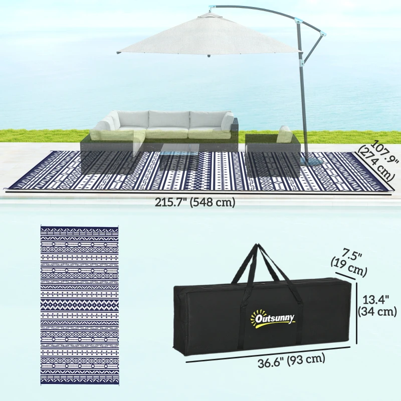 Outsunny 9' x 18' Outdoor RV Rug, Reversible Patio Floor Mat with Carry Bag, Geometric Wall, Blue and White