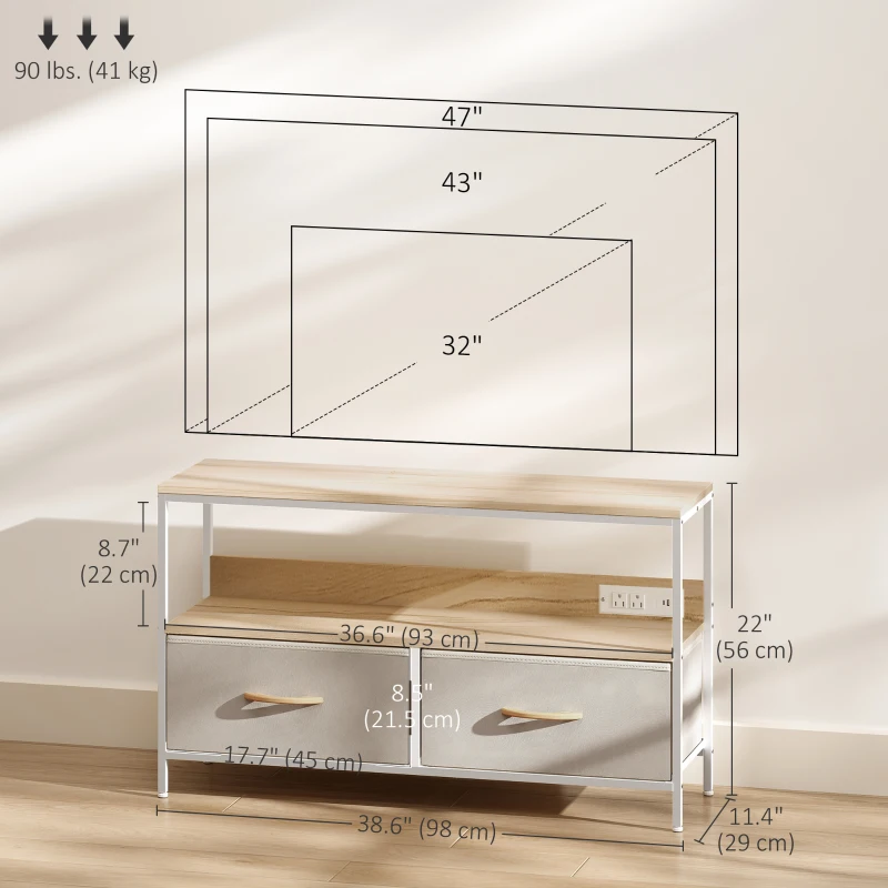 HOMCOM TV Stand with Charging Station, TV Table with 2 Foldable Linen Drawers and Open Shelf for 47 Inch TV, Oak