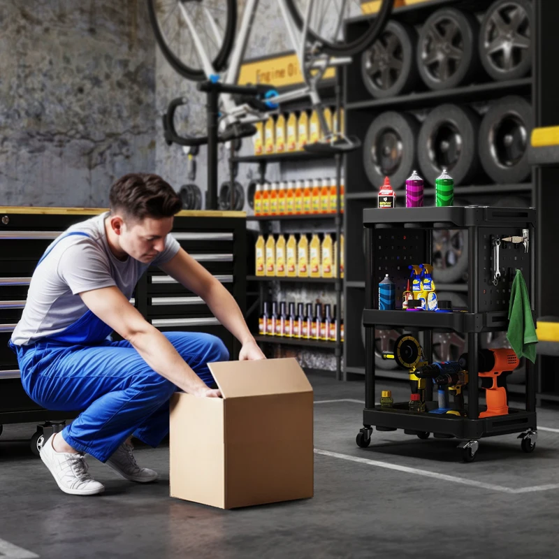 HOMCOM 3-Tier Rolling Tool Cart, 200 LBS Capacity Plastic Utility Cart with Side Shelves for Garage, Workshop, Black