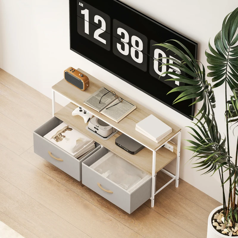 HOMCOM TV Stand with Charging Station, TV Table with 2 Foldable Linen Drawers and Open Shelf for 47 Inch TV, Oak