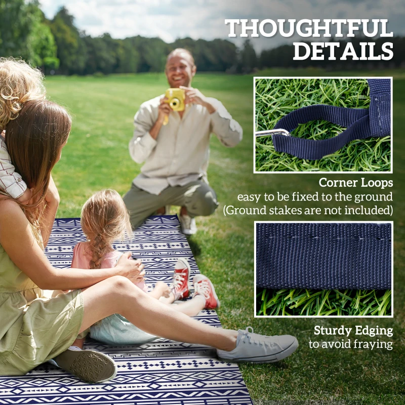 Outsunny 9' x 18' Outdoor RV Rug, Reversible Patio Floor Mat with Carry Bag, Geometric Wall, Blue and White