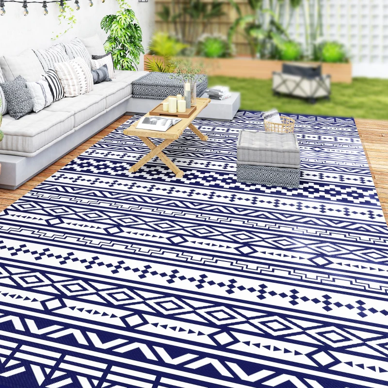 Outsunny 9' x 18' Outdoor RV Rug, Reversible Patio Floor Mat with Carry Bag, Geometric Wall, Blue and White
