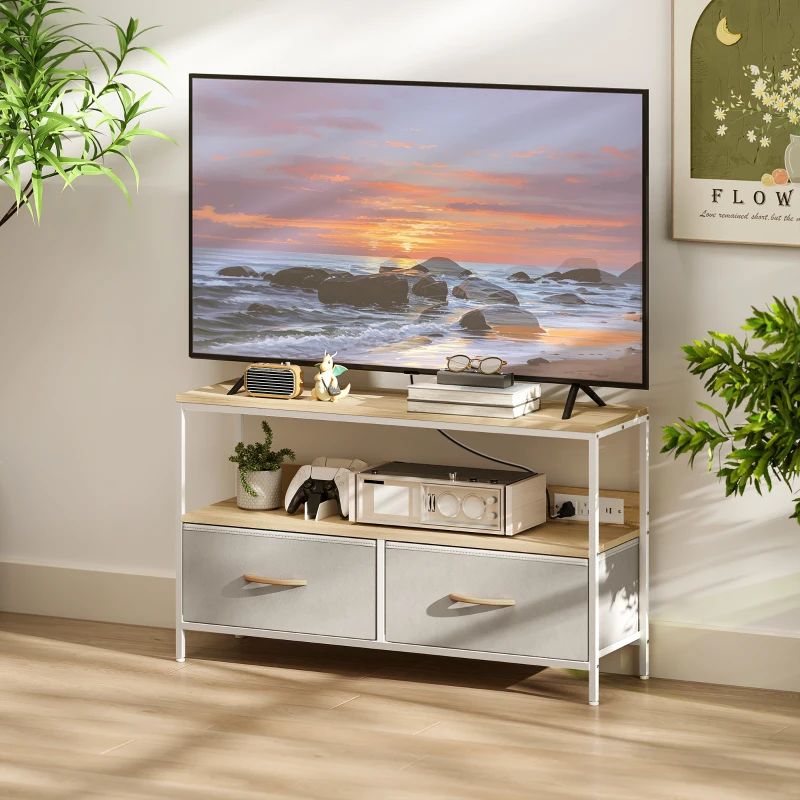 HOMCOM TV Stand with Charging Station, TV Table with 2 Foldable Linen Drawers and Open Shelf for 47 Inch TV, Oak