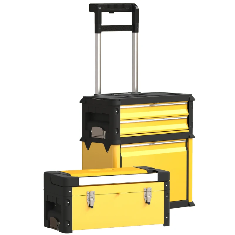 HOMCOM 3-in-1 Tool Box with Wheels, Stackable, Modular Steel Toolbox with Tray, Handles, Latches for Workshop, Garage, Yellow