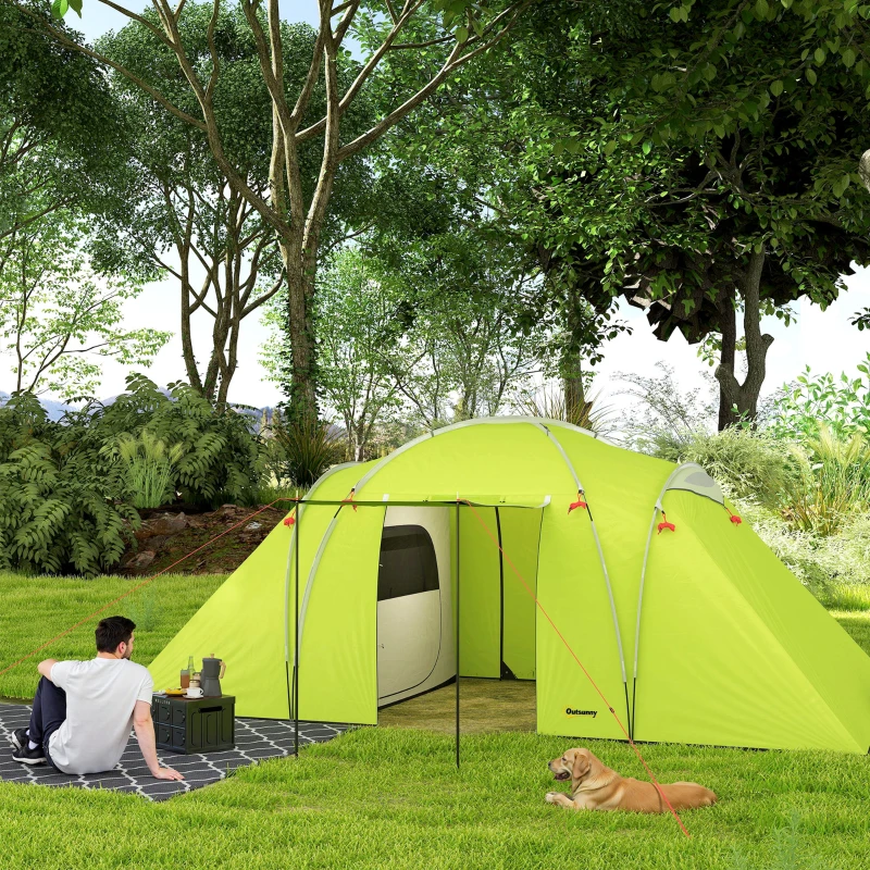 Outsunny 4-6 Person Camping Tent, 2000mm Waterproof Tunnel Tent with 2 Bedrooms, Living Area, Vestibule, Lamp Hook and 4 Doors