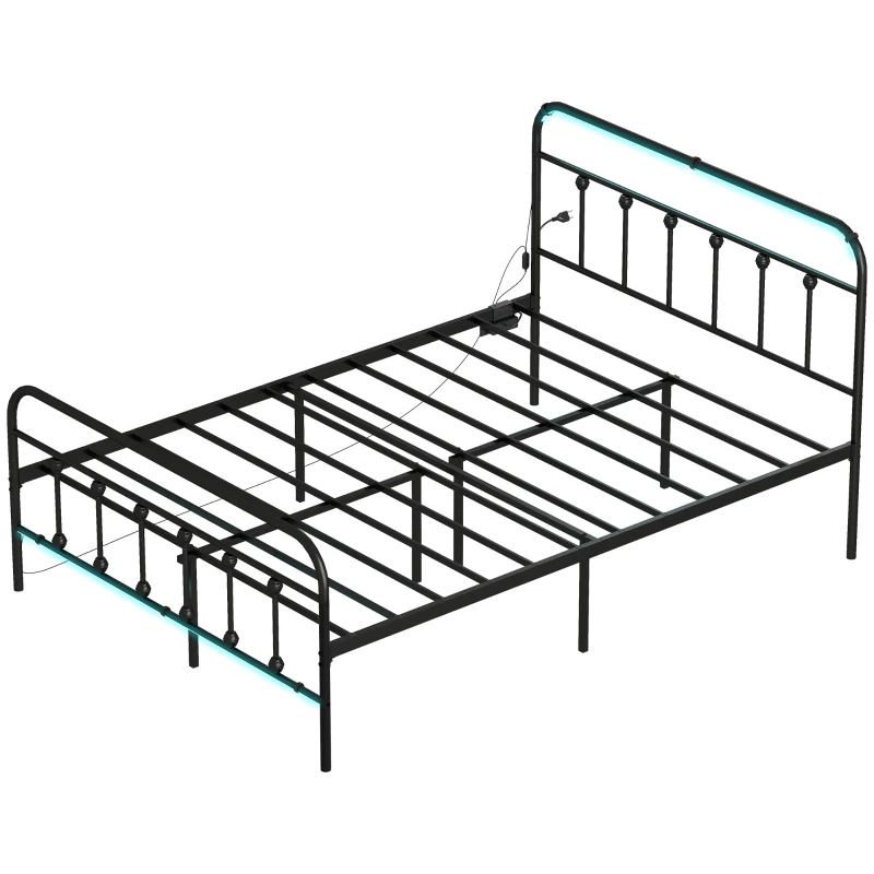 HOMCOM Full Bed Frame with LED Lights and Charging Station, Metal Platform Bed Frame with Under Bed Storage, Black