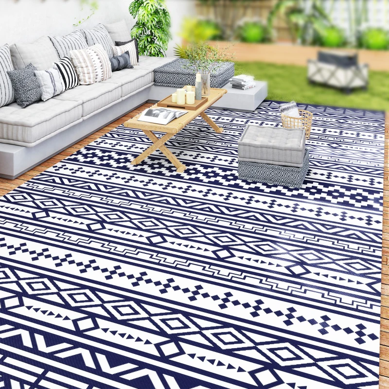 Outsunny 9' x 18' Outdoor RV Rug, Reversible Patio Floor Mat with Carry Bag, Geometric Wall, Blue and White