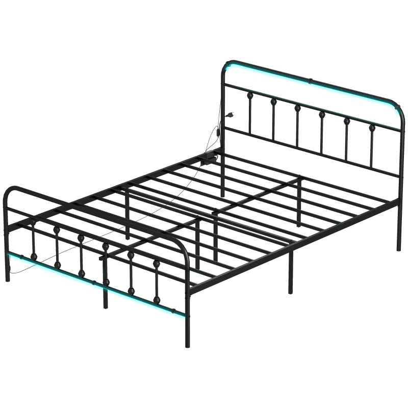 HOMCOM Queen Bed Frame with LED Lights and Charging Station, Metal Platform Bed Frame with Under Bed Storage, Black