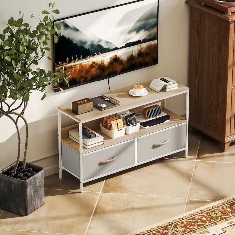 HOMCOM TV Stand with Charging Station, TV Table with 2 Foldable Linen Drawers and Open Shelf for 47 Inch TV, Oak
