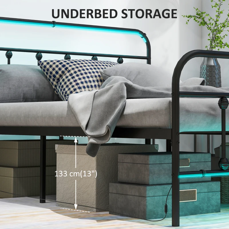 HOMCOM Full Bed Frame with LED Lights and Charging Station, Metal Platform Bed Frame with Under Bed Storage, Black