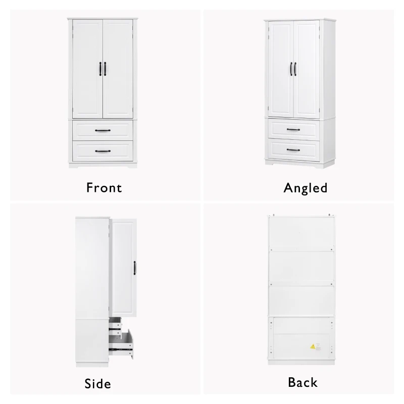 Pantry Cabinet with 2 Large Drawers, 8 Door Shelves, Embossed Texture, Farmhouse Style Kitchen Cupboard, 30.5" L x 16" W x 71" H, White